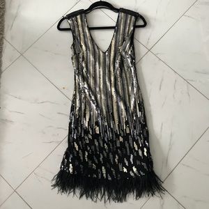 Bebe gold and silver sequin w/ feather dress